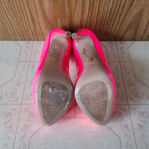 Auth PRADA Rosa Fluo Neon Patent Peep-toe Heels Size EU37/ US6.5 💗 - Picture 10 of 14
